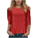 Paillettes perles paillettes T-Shirts pour femmes brillant col rond couleur unie Club hauts de fête mode à manches longues 3/4 manches Blouse