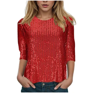 Paillettes perles paillettes T-Shirts pour femmes brillant col rond couleur unie Club hauts de fête mode à manches longues 3/4 manches Blouse