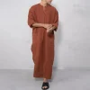 jubba thobe – caftan arabe pour hommes, en lin et coton, couleur unie, manches courtes, à capuche, robes musulmanes, dubaï, moyen orient, vêtements abaya pour hommes
