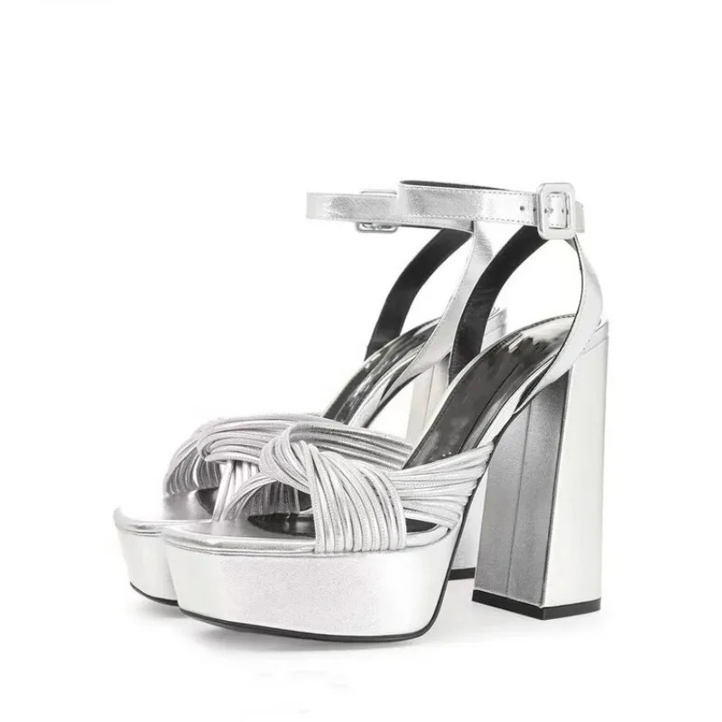 Sandales argentées de style minimaliste européen et américain pour femmes, chaussures d'été imperméables, plate-forme droite, ceinture, talon strucoptique, chaussures simples