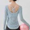 couverture de yoga pour femmes, avec cravate au dos, chemise légère à manches longues, coupe cintrée, dos sexy révélant, vêtements de gymnastique