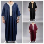 Été 2025 caftan musulman hommes à manches courtes brodé ample Robe décontractée respirant islamique Abaya pour hommes