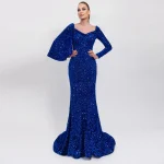 Robe saoudienne à paillettes bleues personnalisées, style sirène, manches longues, longueur au sol, col en V, robe de soirée de mariage formelle