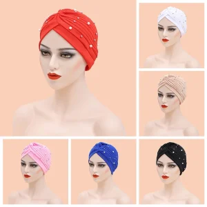 Inde chapeau Hijabs casquette africaine bandeau dames bandeau femmes perlé Turban Bonnet couleur unie coton Turban chapeau intérieur Hijab casquette