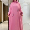 abaya musulman solide coton pull deux chapeaux femmes eid à capuche longue robe maxi turquie caftan robe arabe islamique hijab dubaï vêtements