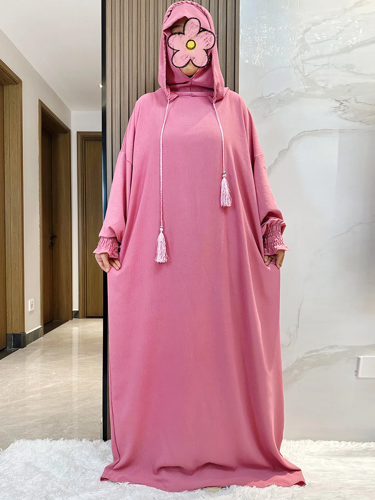 abaya musulman solide coton pull deux chapeaux femmes eid à capuche longue robe maxi turquie caftan robe arabe islamique hijab dubaï vêtements