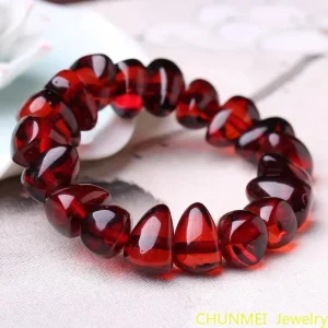 Bracelet en ambre rouge pour femmes et hommes, perles d&rsquo;ambre de sang naturel baltique, élastique, Triangle, accessoires bijoux