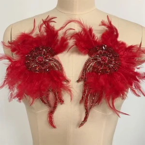 Patch perlé en strass avec plumes artificielles, accessoire de vêtement, applique de perles