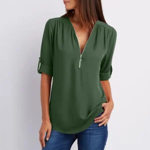 Chemise ample chemisier décontracté couleur unie bureau dame Sexy fermeture éclair col en V demi manches Blouse Chemise ample chemisier décontracté couleur unie bureau dame Sexy fermeture éclair col en V demi manches Blouse