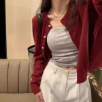 Alobee – Cardigan rouge en tricot pour femmes, vêtements d&rsquo;extérieur, pull court, haut à manches longues, chemise à bascule, début d&rsquo;automne, nouvelle collection 2024