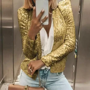 Veste à paillettes pour femmes, veste à paillettes brillantes, couleur or, col montant, manteau court, automne dame, Blazer court à paillettes scintillantes