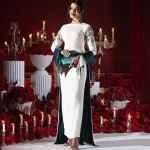 Arya-Robe de soirée ivoire et verte pour femme, manches longues, longueur de rinçage, occasion personnalisée, Arabie saoudite
