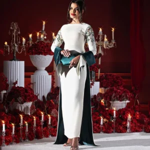 Arya-Robe de soirée ivoire et verte pour femme, manches longues, longueur de rinçage, occasion personnalisée, Arabie saoudite Arya-Robe de soirée ivoire et verte pour femme, manches longues, longueur de rinçage, occasion personnalisée, Arabie saoudite
