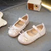 chaussures plates en cuir pour filles, chaussures de ballet princesse à la mode pour petits enfants, bord à volants doux, chaussures de performance pour enfants