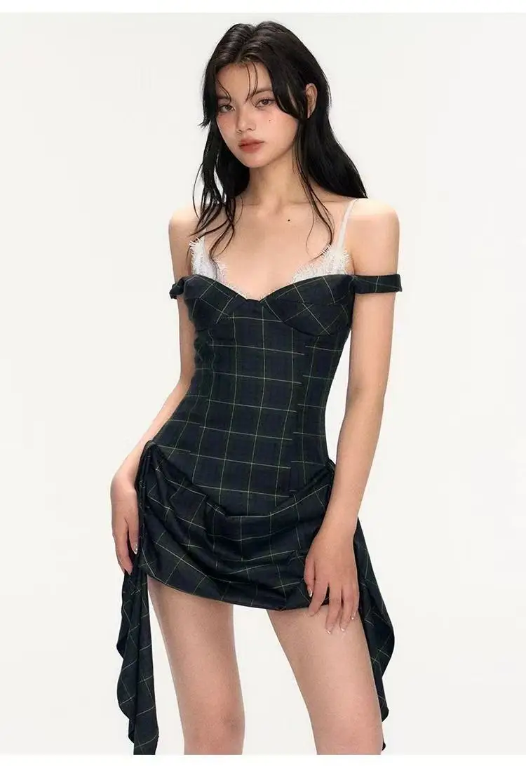 Robe à carreaux deux pièces pour femme - Mini robe froncée avec corset vintage Y2K avec bordure en dentelle