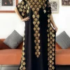 abaya robe de soirée avec grande Écharpe pour femme, caftan musulman dubaï, turquie, africain, décontracté, maxi, estampage or, 2024