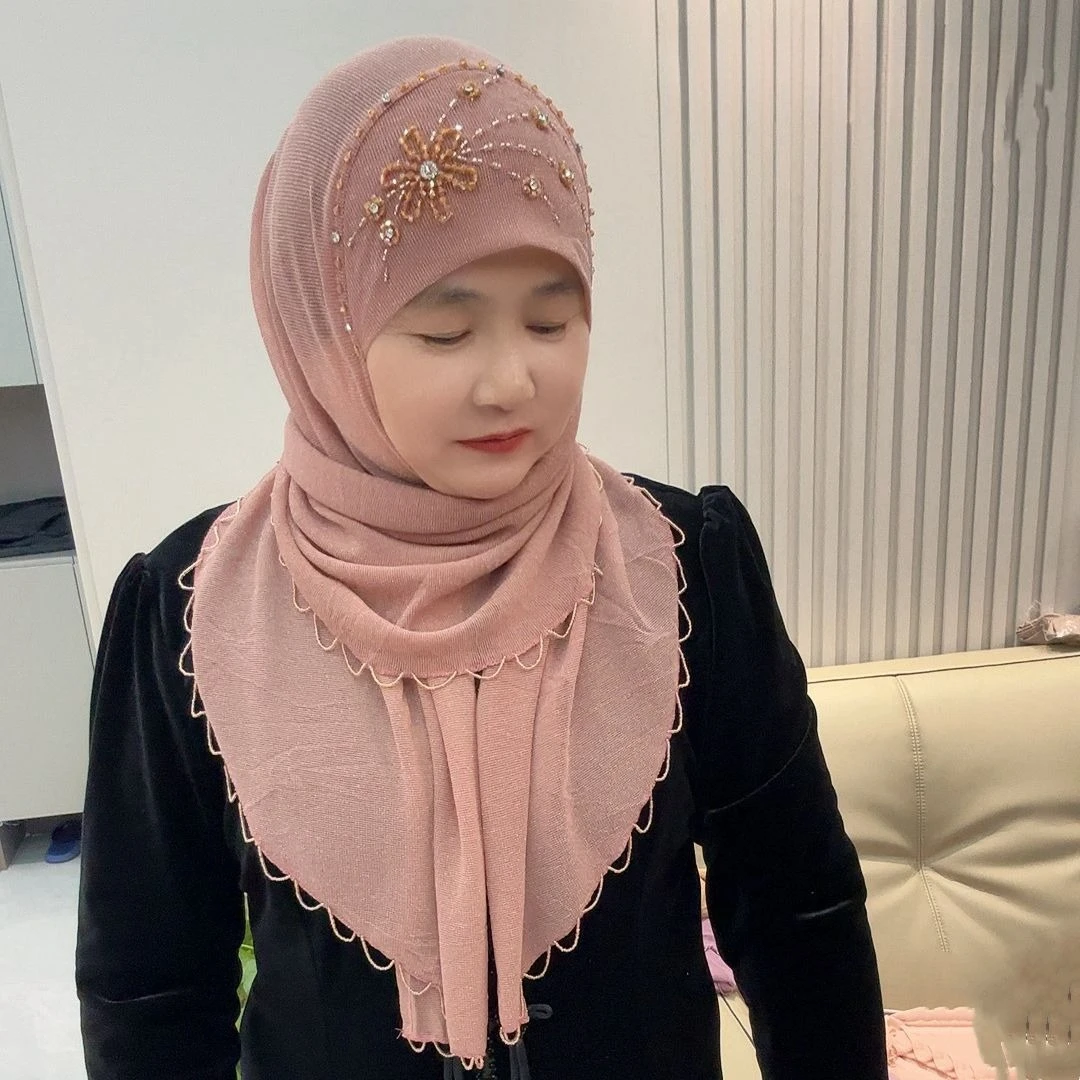 chapeaux hijab pour femmes, mode musulmane, chapeau à pampilles en perles avec tissu doux en diamant, facile à porter, casquettes violettes pour le travail intérieur et extérieur