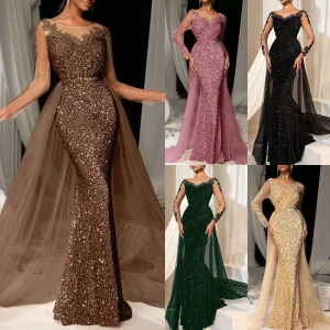 Robe de soirée longue en dentelle pour femmes, élégante, à la mode, robe de bal, longueur au sol, col en V, Fiber de Polyester, taille Empire