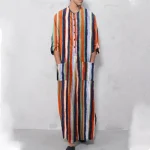 Nouveaux hommes Islam Qamis Robes rayées musulmanes à manches longues boutonné caftan arabe costume moyen-orient dubaï Abaya été homme vêtements