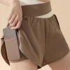 Short de sport respirant 2 en 1 pour femmes, doublure intérieure, taille haute, short d&rsquo;entraînement, poches latérales antidérapantes pour téléphone