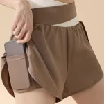 Short de sport respirant 2 en 1 pour femmes, doublure intérieure, taille haute, short d&rsquo;entraînement, poches latérales antidérapantes pour téléphone