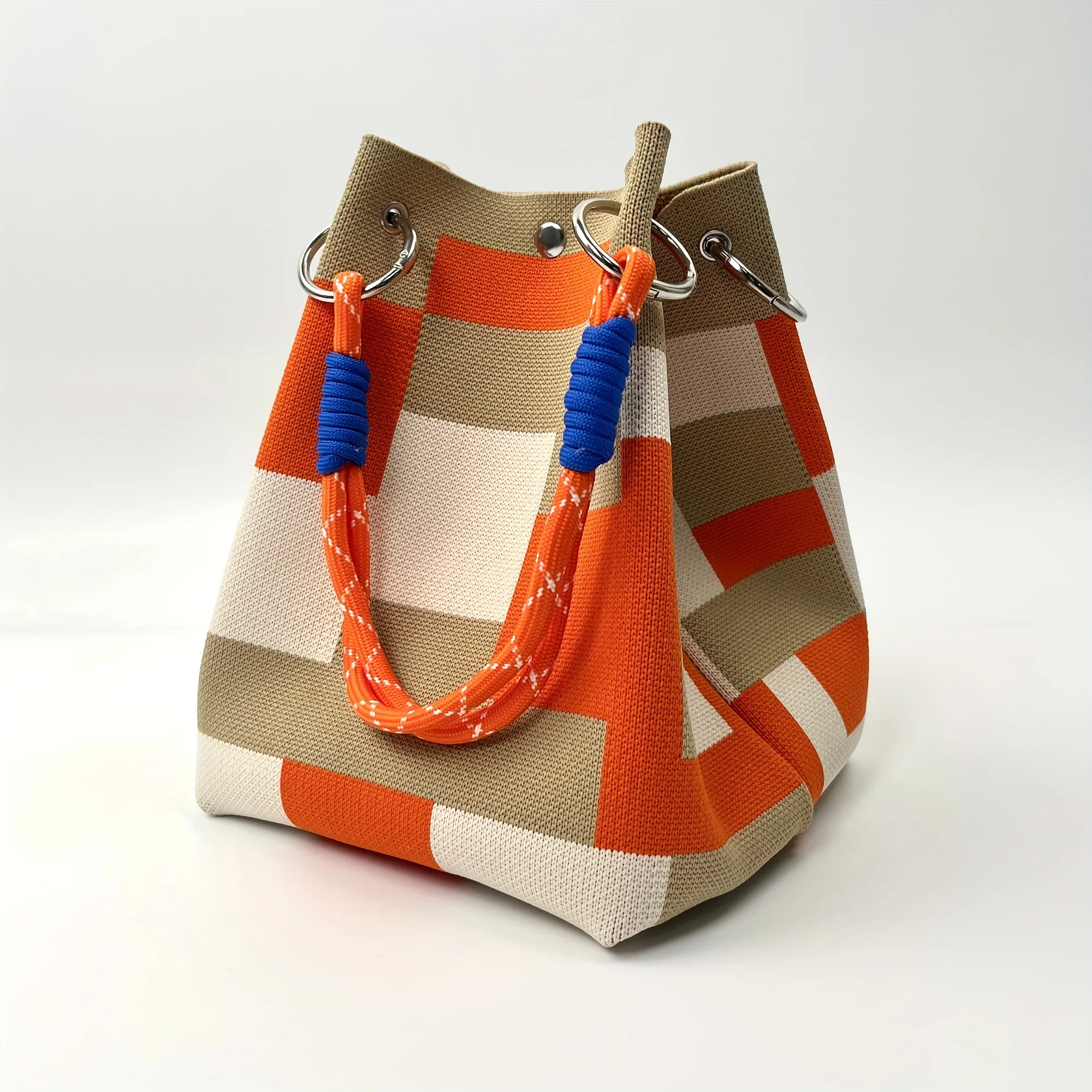 [Bac à main vintage] Sac à main vintage en tricot floral |   2025 Nouveau fourre-tout rétro de couleurs mélangées avec fermeture à fermoir sécurisée, polyester durable