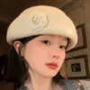 chapeau de pêcheur en laine pour femmes, avec nœud à la mode, style hepburn, perle, style français, formel, plat, élégant