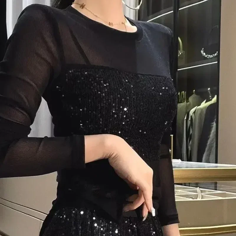 T-shirt à manches longues à paillettes pour femmes, haut en biscuits, paillettes féminines, manches sexy, vêtements de co-avantages, mode Y2k, Corée Emo Semi