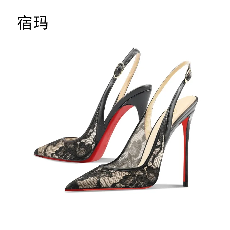 sandales à talons hauts en dentelle noire pour l'été 2025, nouveau talon pointu et fin, bouche peu profonde, chaussure unique professionnelle confortable