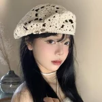 Chapeau à fleurs respirant de Style japonais, béret fin ajouré, couvre-chef, grande circonférence de la tête, bonnet tricoté au Crochet pour vacances