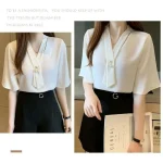 Chemise élégante avec nœud de couleur unie, chemisier ample à manches longues et à lacets, chemisiers professionnels en mousseline de soie pour femmes de bureau, printemps automne