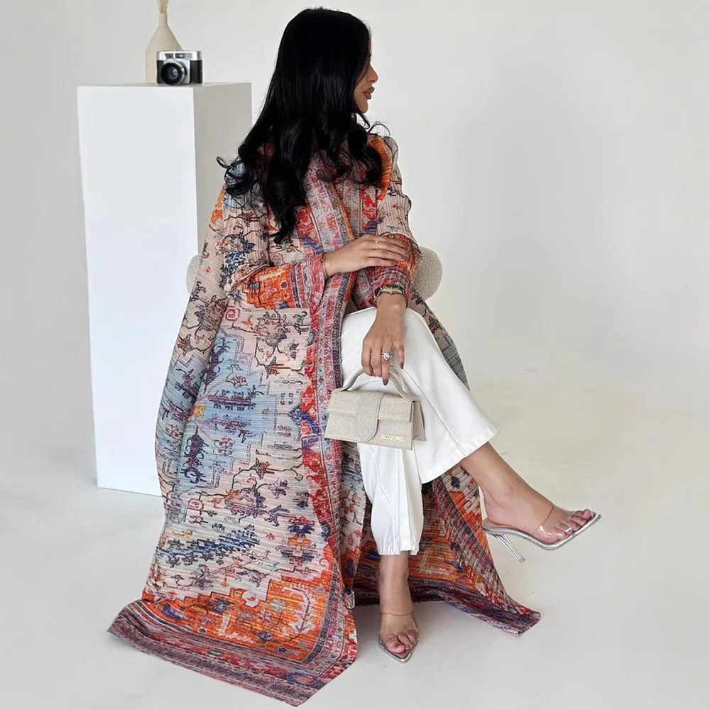 abaya miyake plissé imprimé robe veste arabe dubaï style femmes à manches longues conservateur recat musulman trench coat 55 pouces