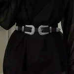 Ceinture noire pour femmes, nouvelle collection personnalisée avec 2 boucles ardillon rétro argentées, Design haut de gamme et tendance