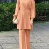 femmes arabes eid musulmanes deux pièces ensemble à lacets chemisier et pantalon musulman ensemble ceinture correspondant ensembles bouton chemise femme abaya ramadan