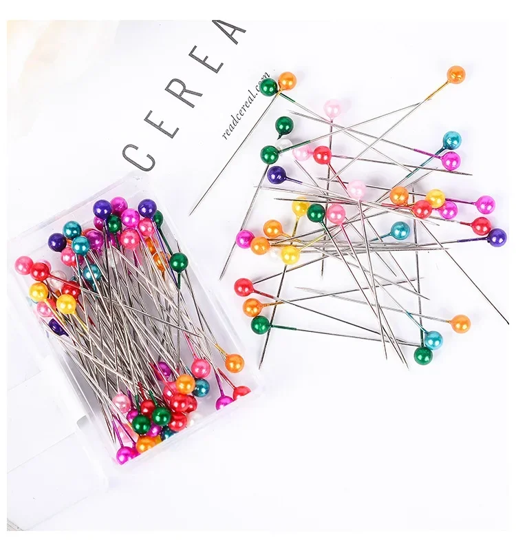 Épingles à coudre droites pour la confection de robes, tête de perle ronde colorée, points grossiers, outils de couture bricolage, positionnement, 38cm, 100 pièces par boîte
