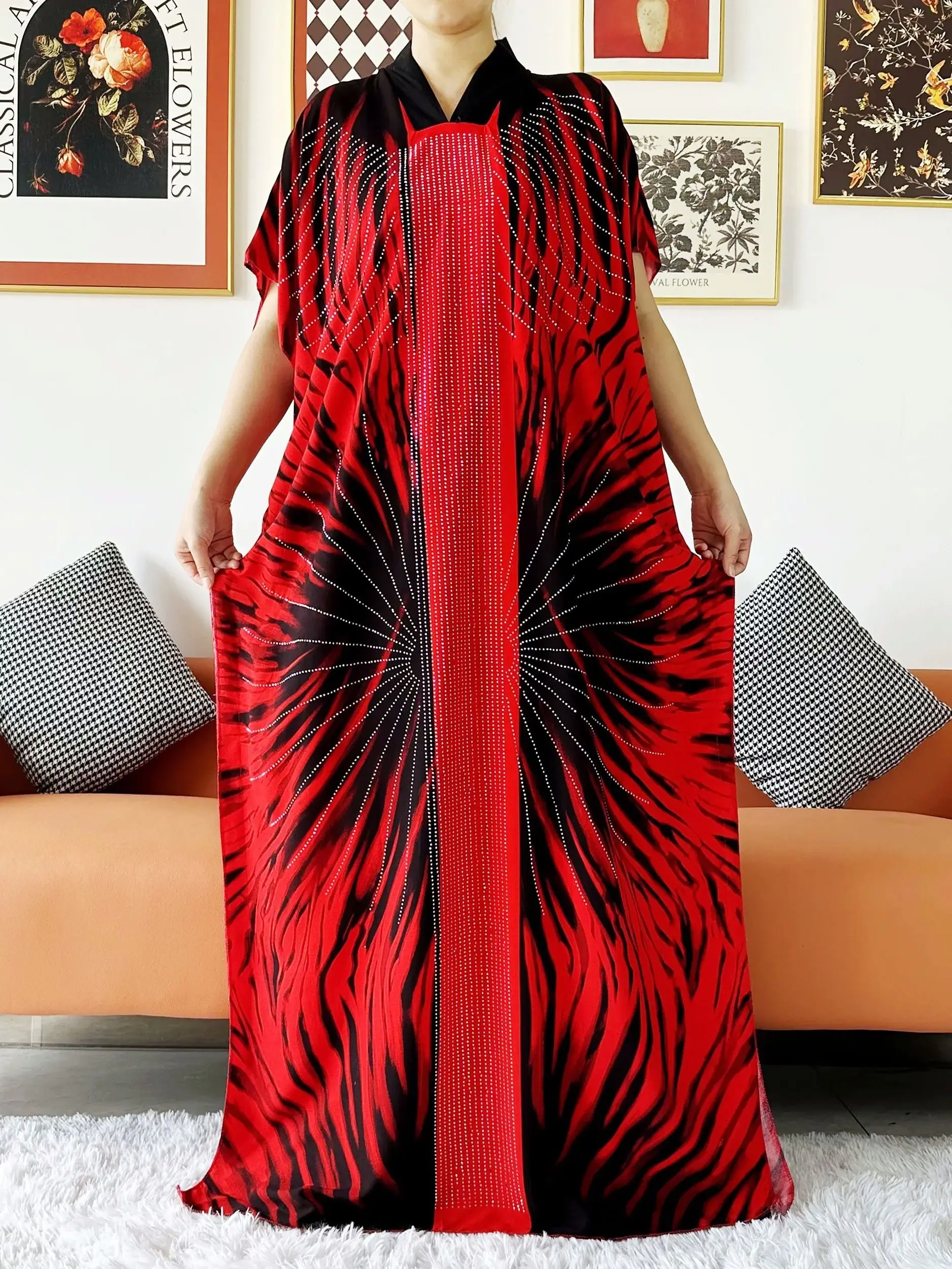 abaya robe de soirée en coton à manches courtes pour femme musulmane africaine, boubou avec strass, grande Écharpe, Été 2024