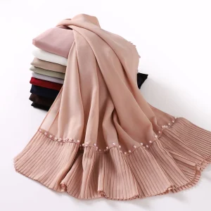 Hijab en mousseline de soie plissée pour femmes musulmanes, châle pour dames, écharpe perlée document solide, vêtements arabes islamiques, turban pour femme, 70x180cm, 1PC Hijab en mousseline de soie plissée pour femmes musulmanes, châle pour dames, écharpe perlée document solide, vêtements arabes islamiques, turban pour femme, 70x180cm, 1PC