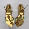 sandales en cuir noir avec matériel de luxe doré pour femmes, chaussures cloutées à lanières en t croisées scintillantes, sandales scintillantes à lanières de cheville pour dames