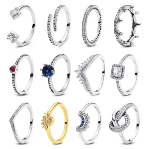 Bagues en argent regardé 925 pour femme, couronne originale, amour, coeur, triangle, fiançailles, mariage, or rose, bague en cristal, bijoux de luxe