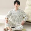 ensemble pyjama de style kimono japonais pour hommes – tissu en coton à carreaux bleus avec boutons sur le devant, poches et ceinture élastique l 4xl