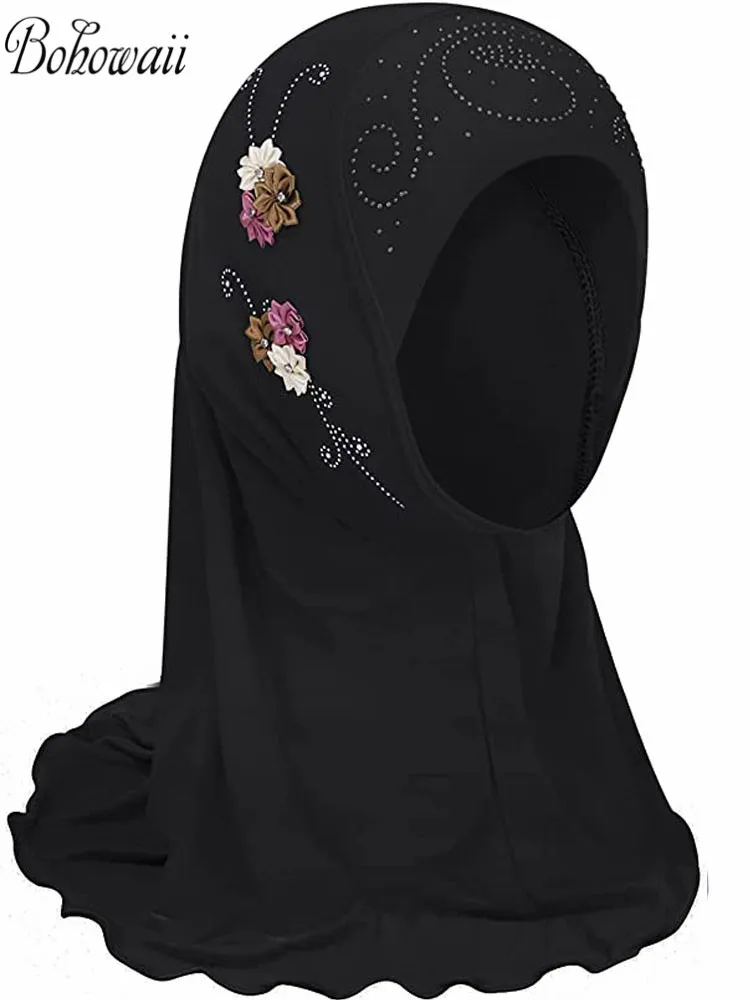 bohowaii enfants filles musulman instantané hijab prêt à porter châles islamiques turban avec fleurs écharpes jersey bandeau (2 7 ans)