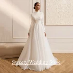 Robe de mariée arabe personnalisée, col haut, manches longues, avec des appliques de perles, jupe trapèze en Organza, robe de mariée musulmane arabe