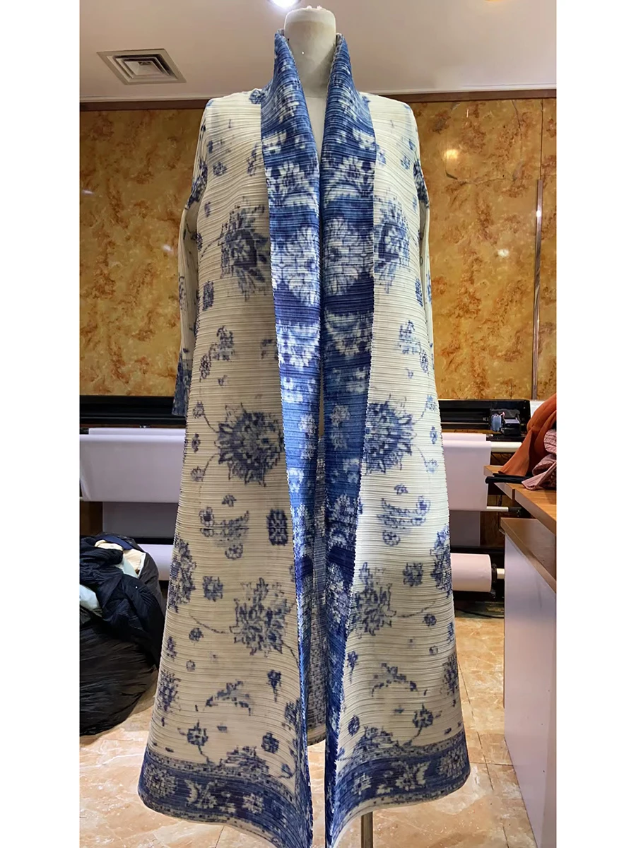 miyake plissé vintage imprimé col rabattu à manches longues veste longue femmes concepteur abaya nouveau dubaï mode grande taille manteaux