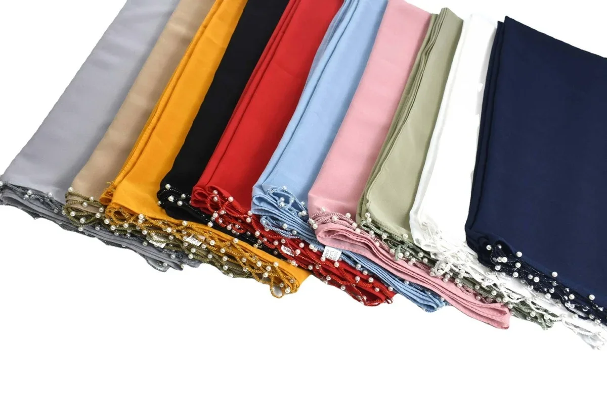women hijabs muslim new casual solid color chiffon wave edge beaded long scarf muslim hui scarf america hot selling headscarf
