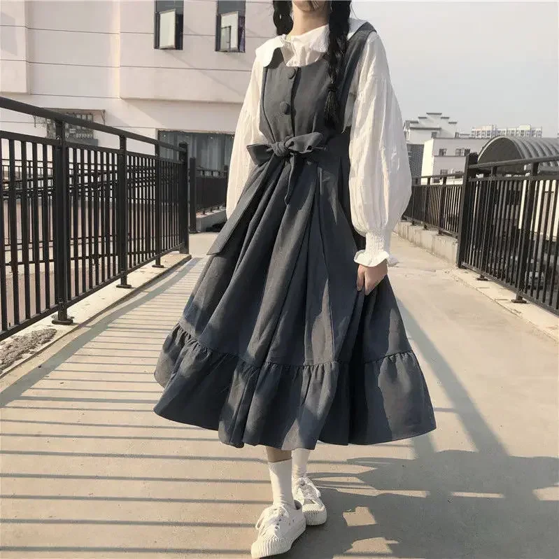 Robes Maxi d'été chemises pour femmes décontracté Kawaii fée vêtements à manches longues Robe à bretelles Lolita Harajuku Cottagecore Robe