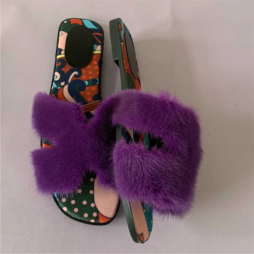 Sandales plates pour femmes, pantoufles 100% vrais poils de vison, chaussures de styliste à fond plat, tongs d'extérieur confortables et antidérapantes