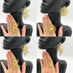 Ensemble de bijoux en or pour femmes et filles, boucles d&rsquo;oreilles clip dorées élégantes, bague géométrique, bijoux de fête à la mode, boucle d&rsquo;oreille creuse gravée, 4 pièces