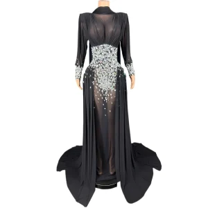 Robe longue élégante en strass pour femmes, maille Sexy transparente, tenue de soirée, bal d&rsquo;anniversaire, séance Photo