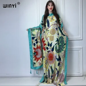 WINYI-Abaya pour femmes musulmanes, robe africaine dubaï, col ras du cou, kaftan imprimé, robe maxi élégante