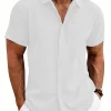 chemise d'été à manches courtes pour hommes, couleur unie, revers, style plage, cardigan décontracté, chemise en polyester, nouvelle collection